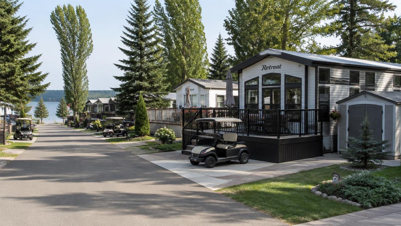 Paved resort street with park model homes, decks, sheds and golf carts at a private Alberta RV resort