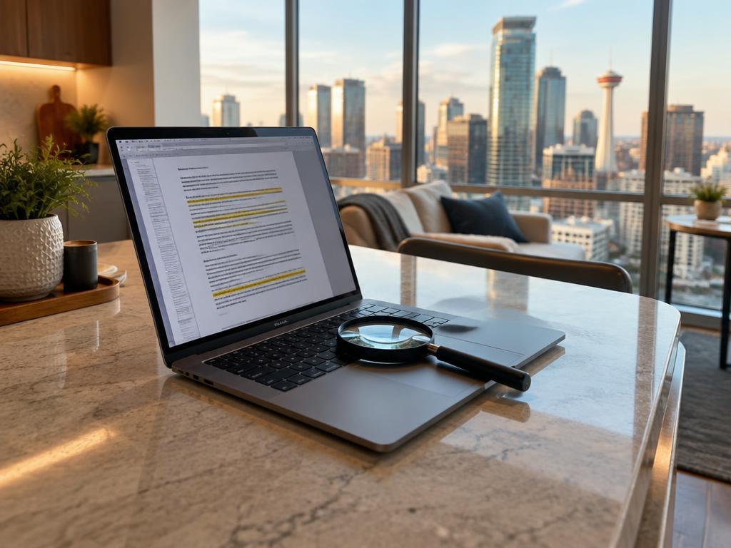 Condo documents being reviewed on a laptop in a Calgary condo