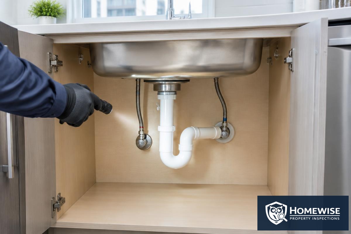 HomeWise-branded illustrative close-up of an inspector checking accessible under-sink plumbing and supply connections
