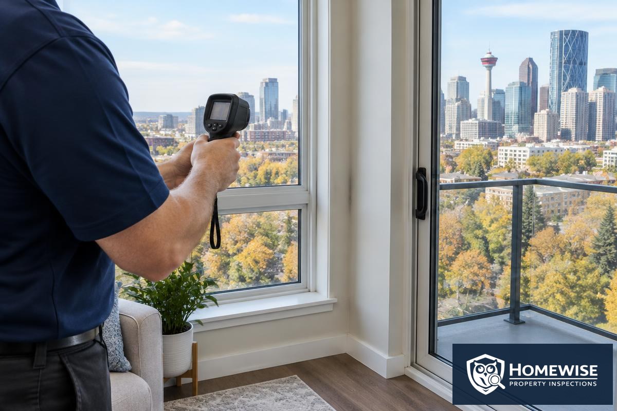 HomeWise-branded photo of an inspector using a thermal imaging camera on a condo window with the Calgary skyline outside