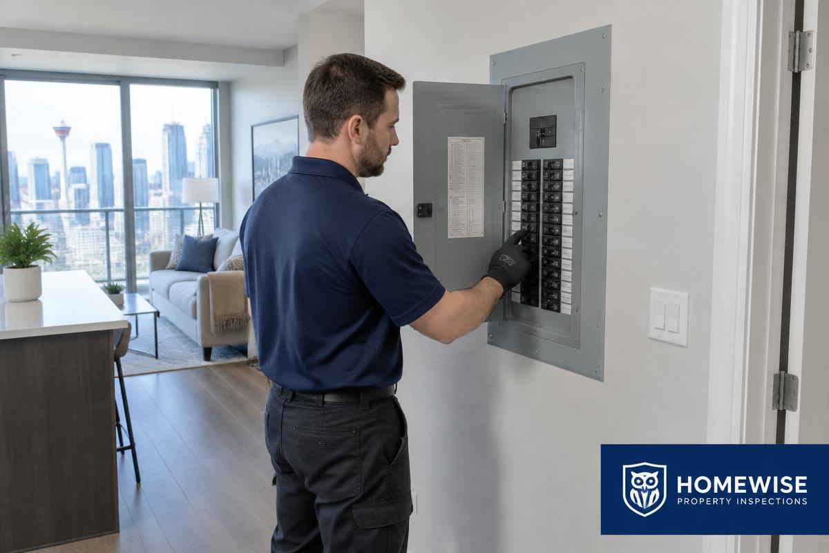 HomeWise-branded photo of an inspector checking an in-suite electrical breaker panel in a Calgary apartment condo