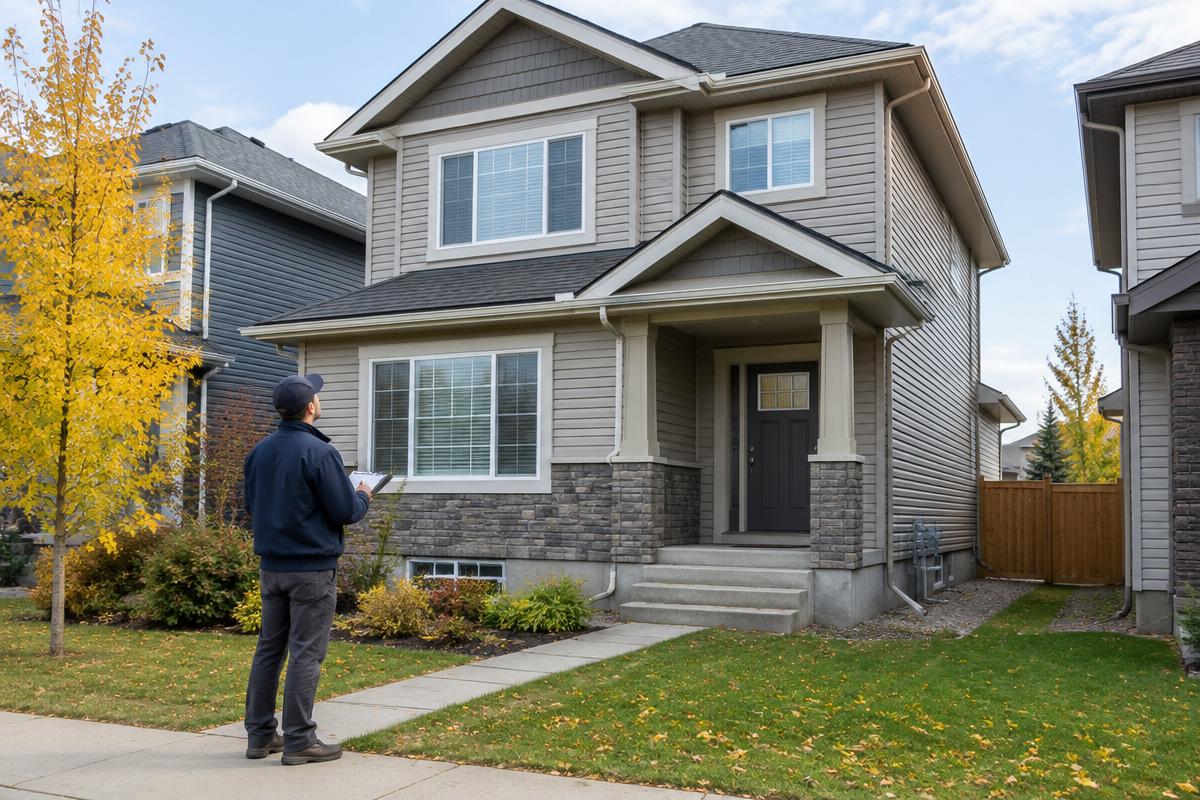 Illustration of an inspector assessing the exterior, roof and foundation of a Calgary-style detached home