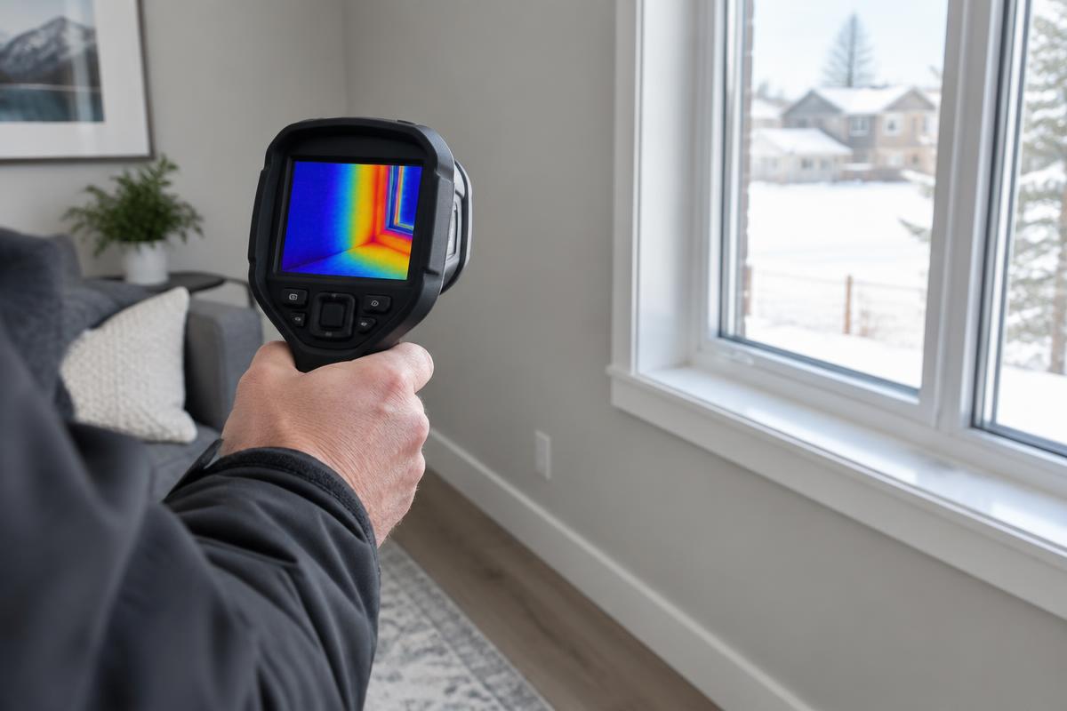 Illustration of a thermal camera checking for temperature differences beside a home window