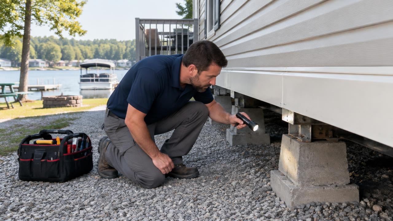Home inspector checking skirting and levelling blocks under a park model home at a lake resort lot