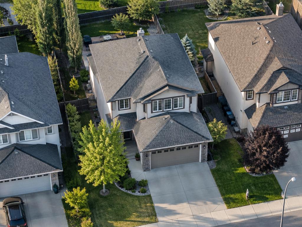 Aerial view of a Calgary home's roof used to measure replacement cost