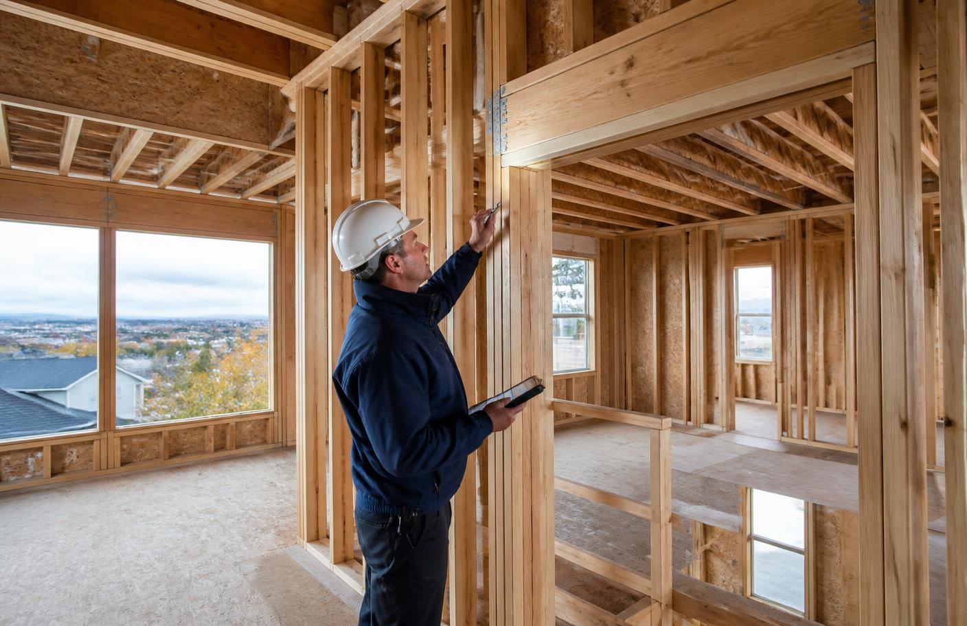 Inspector examining exposed structural framing inside a Calgary new build before drywall