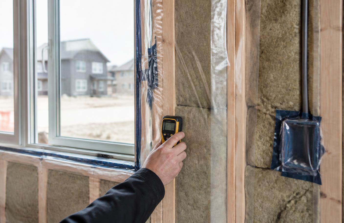 Inspector checking insulation and air sealing beside a window in a Calgary new construction home