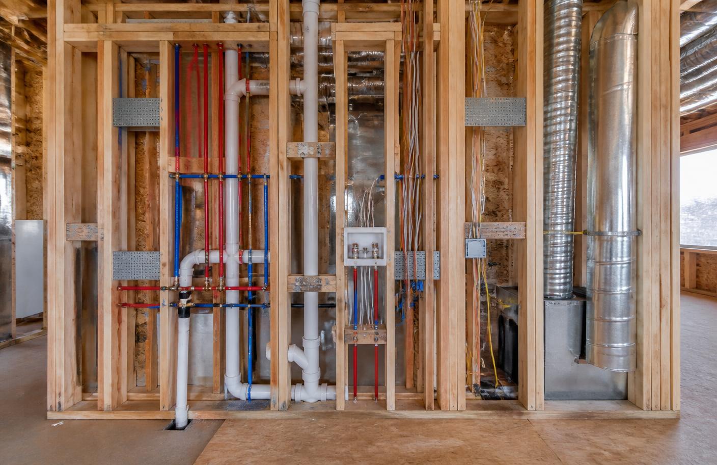 Exposed plumbing, electrical, and HVAC rough-ins routed through timber framing before drywall