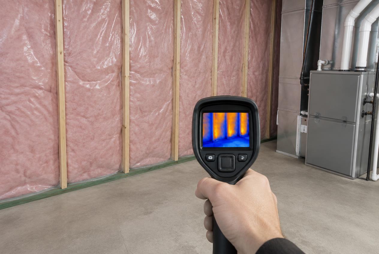 Inspector scanning a framed, insulated Calgary basement wall with a thermal imaging camera, studs on a PWF bottom plate on the slab beside the furnace