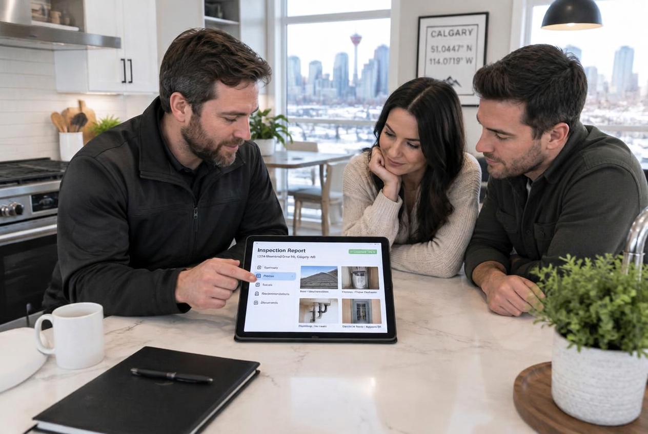 Home inspector reviewing a same-day digital inspection report on a tablet with home buyers in a Calgary kitchen