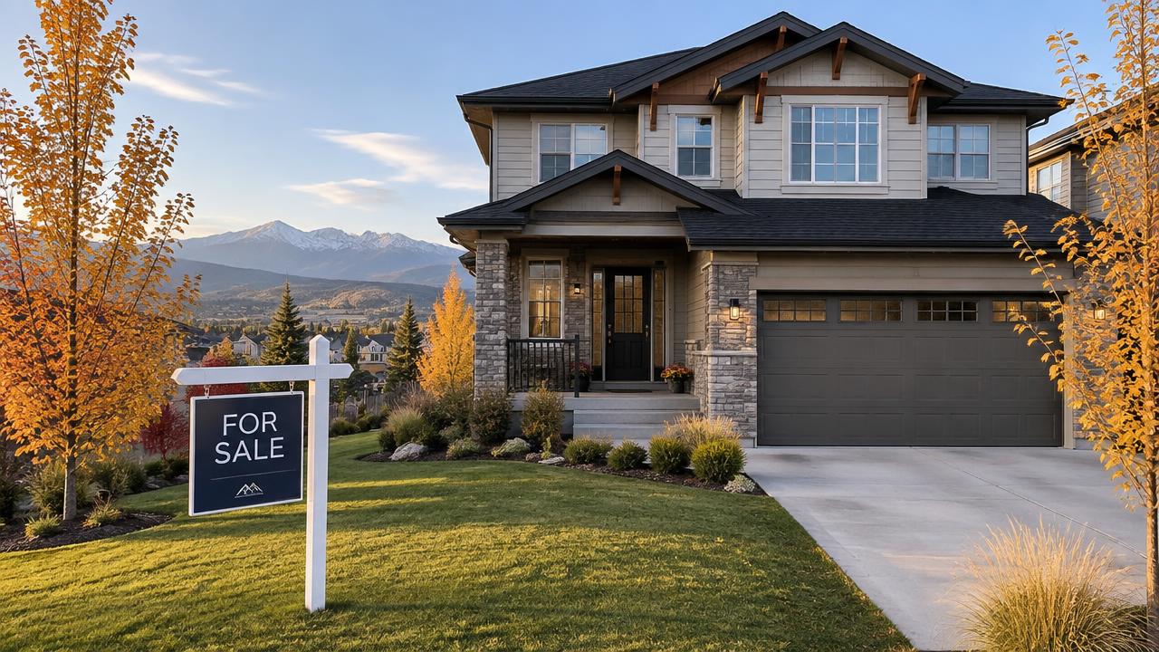 Calgary home listed for sale with a For Sale sign on the front lawn