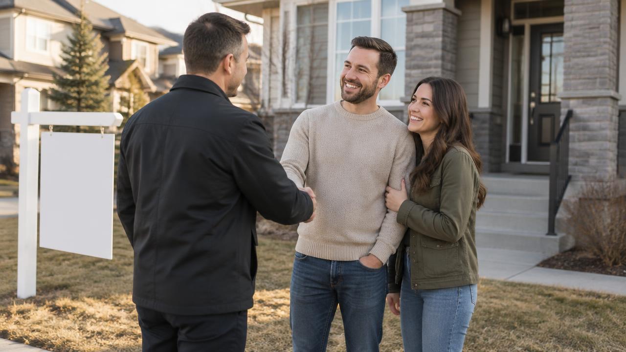 Calgary realtor congratulating sellers in front of their sold home