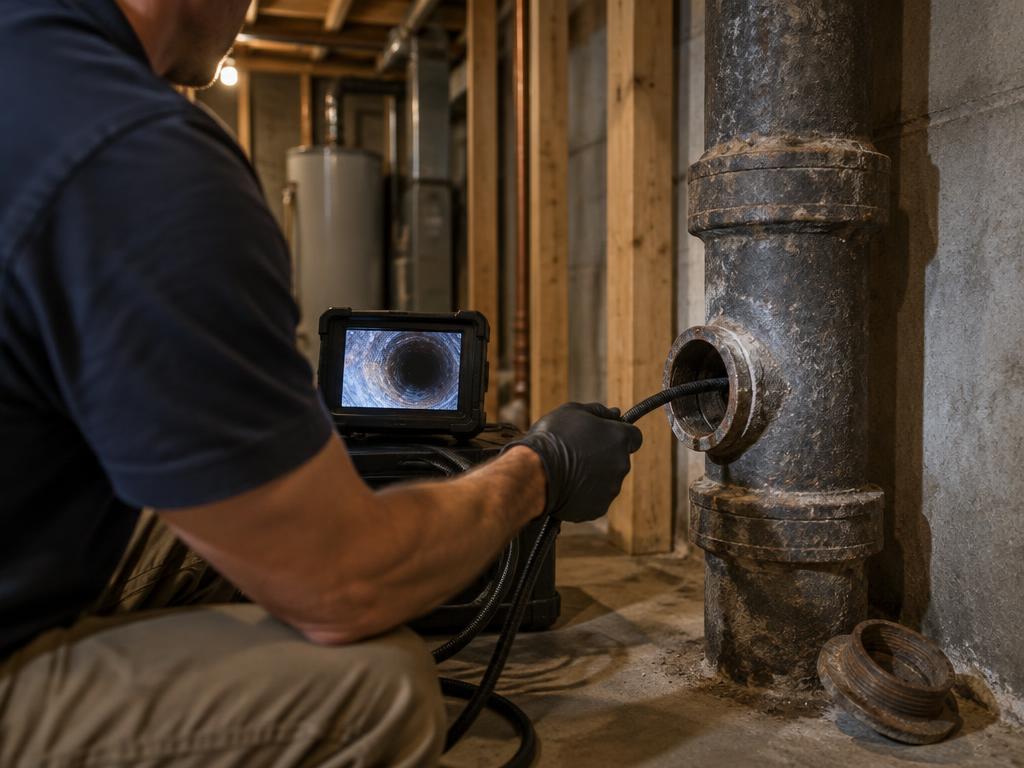 Home inspector feeding a sewer scope camera into a cast iron drain pipe in a Calgary basement