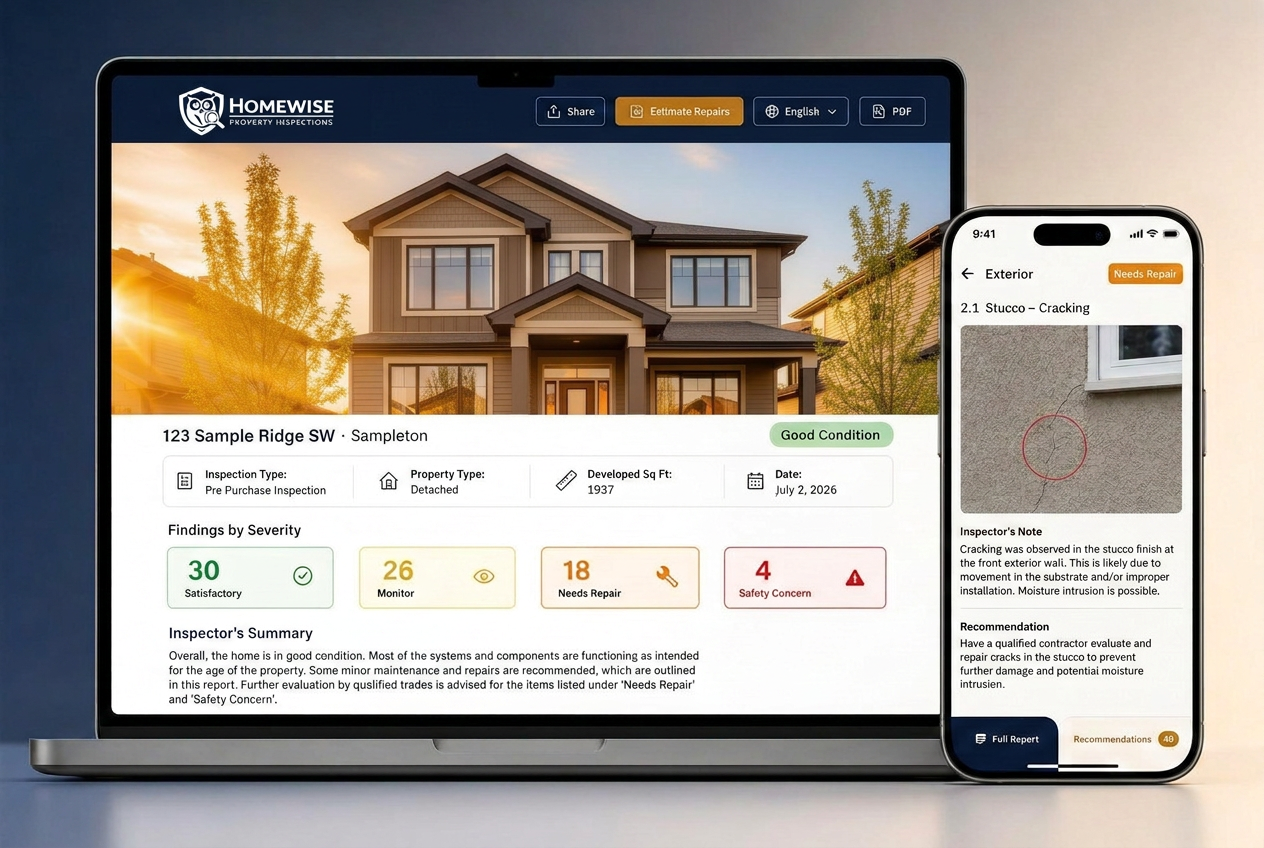 HomeWise interactive inspection report shown on laptop and phone, with annotated photos and severity badges