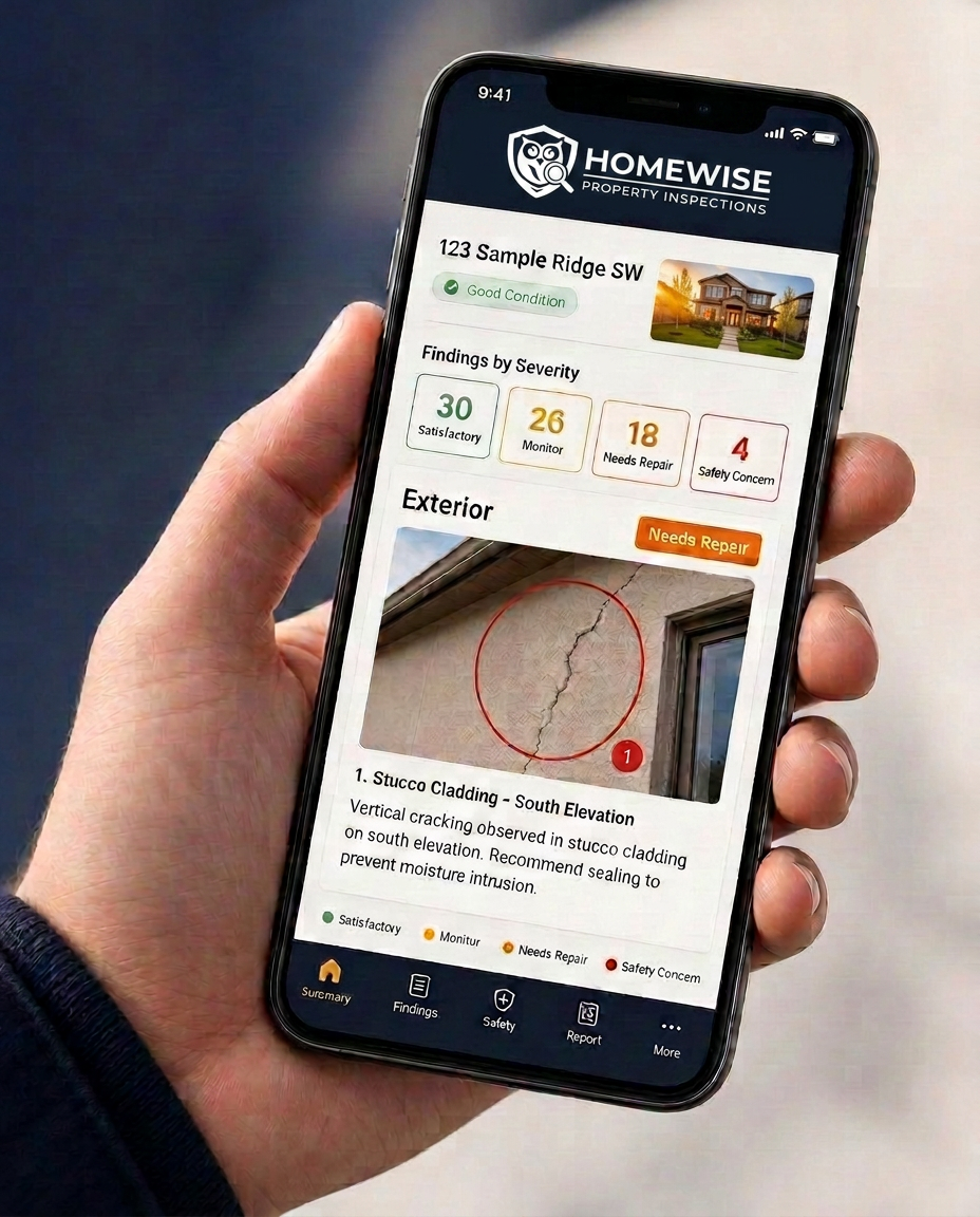 HomeWise mobile app showing an annotated stucco cracking finding with a Needs Repair badge and findings-by-severity chart
