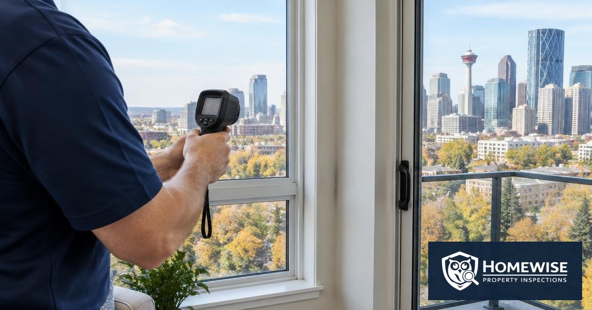 HomeWise-branded illustrative image of a condo window and balcony-door inspection overlooking Calgary
